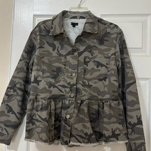 Coco & Carmen Camo Jacket S/M Peplum with Raw Edge Stretch